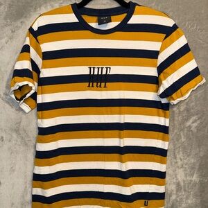 HUF Short Sleeve Tee with Navy, Gold, and White Stripes